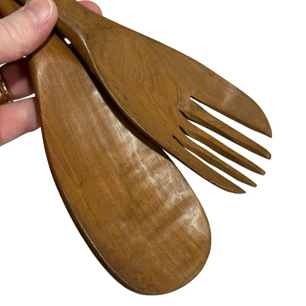 Vintage Hand Carved wooden serving fork & spoon set African zebra motif NWOT?
